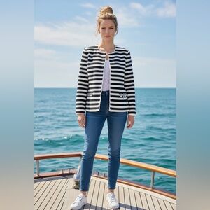 Metaphor Dark Navy & White Striped Fringe Zip Pocket Jacket